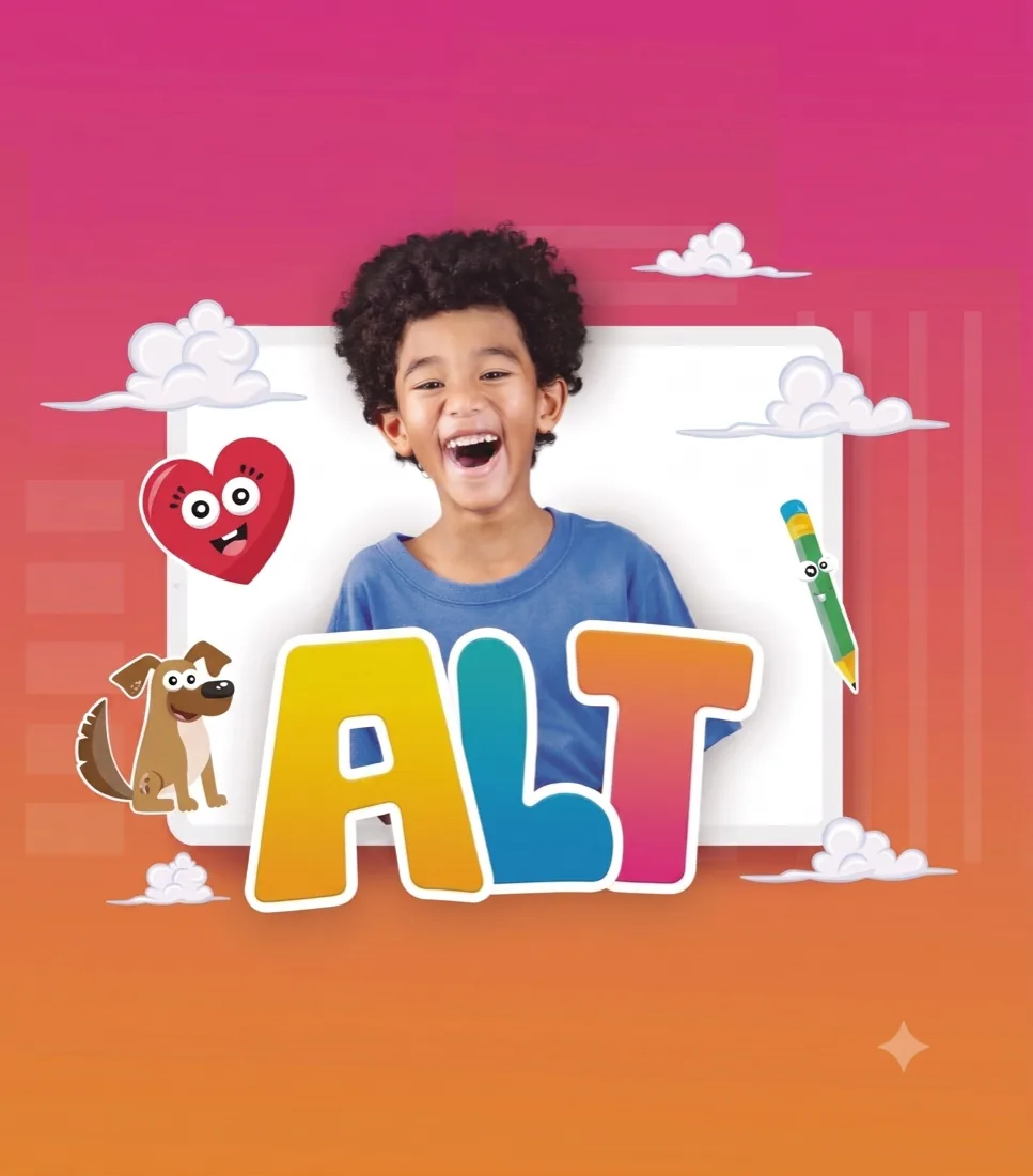 Criança sorrindo, identidade visual do ALT